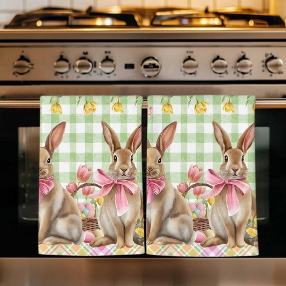 Easter Bunny Eggs Kitchen Towels Set of 1, Spring Tulips Country Rabbits Green Checkered Absorbent Dish Towels for Kitchen, Microfiber Hand Towel, Quick Drying Tea Towel for Cleaning Dishcloths