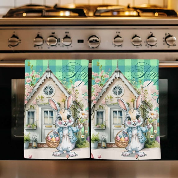 Easter Bunny Eggs Kitchen Towels Set of 2, Spring Pink Flowers Country Cabin Green Plaid Absorbent Dish Towels for Kitchen, Microfiber Hand Towel, Quick Drying Tea Towel for Cleaning Dishcloths