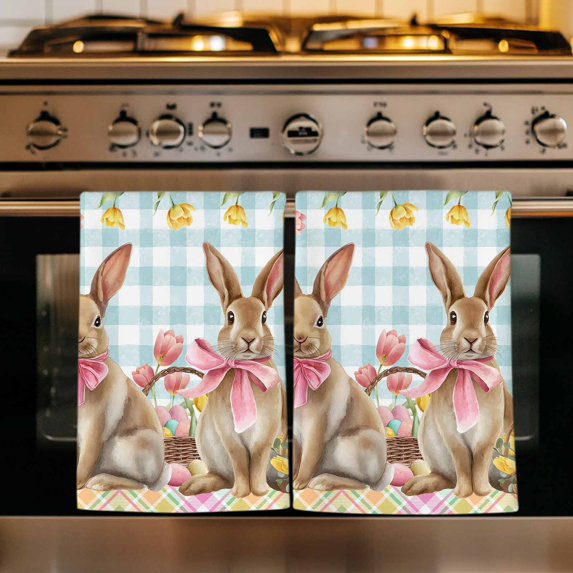Easter Bunny Eggs Kitchen Towels Set of 3, Spring Tulips Farm House Rabbits Blue Plaid Absorbent Dish Towels for Kitchen, Microfiber Hand Towel, Quick Drying Tea Towel for Cleaning Dishcloths