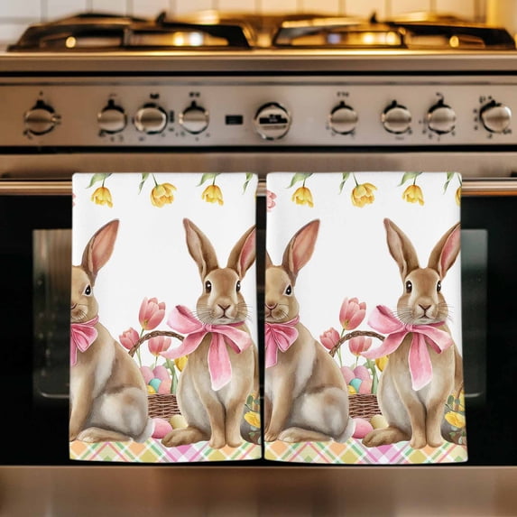 Easter Bunny Eggs Kitchen Towels Set of 3, Spring Tulips Rustic Rabbits Colorful Plaid Absorbent Dish Towels for Kitchen, Microfiber Hand Towel, Quick Drying Tea Towel for Cleaning Dishcloths