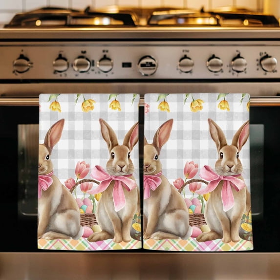 Easter Bunny Eggs Kitchen Towels Set of 3, Spring Tulips Rustic Rabbits Grey Plaid Absorbent Dish Towels for Kitchen, Microfiber Hand Towel, Quick Drying Tea Towel for Cleaning Decorative Dishcloths