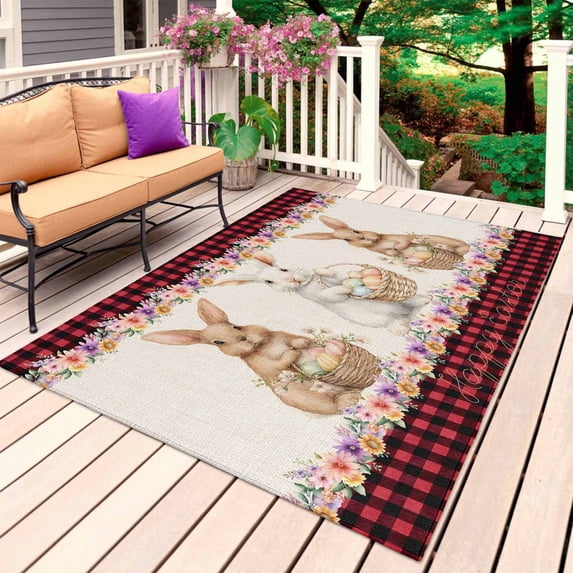 Easter Bunny Eggs Outdoor Rug 3x5 Ft, Non Slip Washable Area Rug, Spring Flowers Rabbits Retro Red Black Plaid Patio Rugs Carpet Runner, Large Floor Mat for Indoor/Outdoor Deck Porch Camping