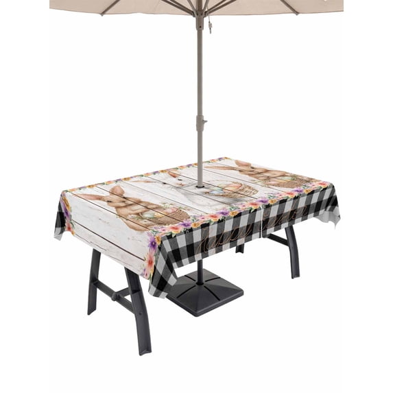Easter Bunny Eggs Outdoor Tablecloth - 52x70 Inch Rectangle Dining Table Cover, Spring Flowers Rabbits Farmhouse Buffalo Plaid Waterproof Outdoor Table Cloth with Umbrella Hole & Zipper for Patio
