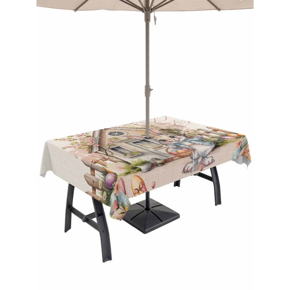 Easter Bunny Eggs Outdoor Tablecloth - 52x70 Inch Rectangle Dining Table Cover, Spring Pink Flowers Country Cabin Beige Waterproof Outdoor Table Cloth with Umbrella Hole & Zipper for Picnic/Patio