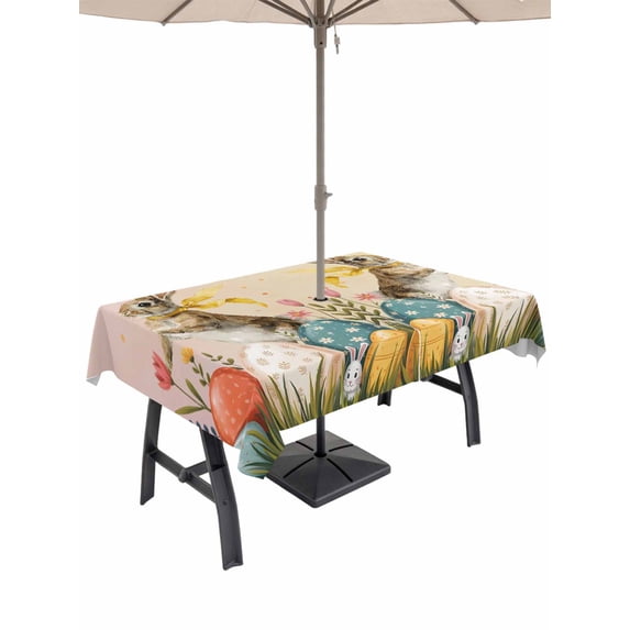 Easter Bunny Eggs Outdoor Tablecloth - 52x70 Inch Rectangle Dining Table Cover, Spring Tulip Flowers Leaves Country Plants Waterproof Outdoor Table Cloth with Umbrella Hole & Zipper for Picnic/Patio