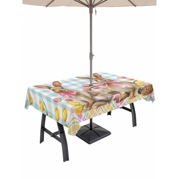 Easter Bunny Eggs Outdoor Tablecloth - 52x70 Inch Rectangle Dining Table Cover, Spring Tulips Farm House Rabbits Blue Plaid Waterproof Outdoor Table Cloth with Umbrella Hole & Zipper for Picnic/Patio