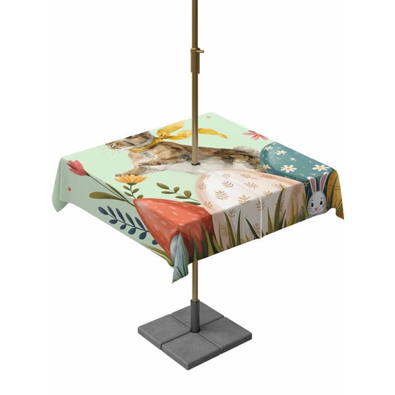 Easter Bunny Eggs Outdoor Tablecloth - 54x54 Inch Square Dining Table Cover, Spring Tulip Flowers Leaves Rustic Green Waterproof Outdoor Table Cloth with Umbrella Hole & Zipper for Picnic/Patio/Party