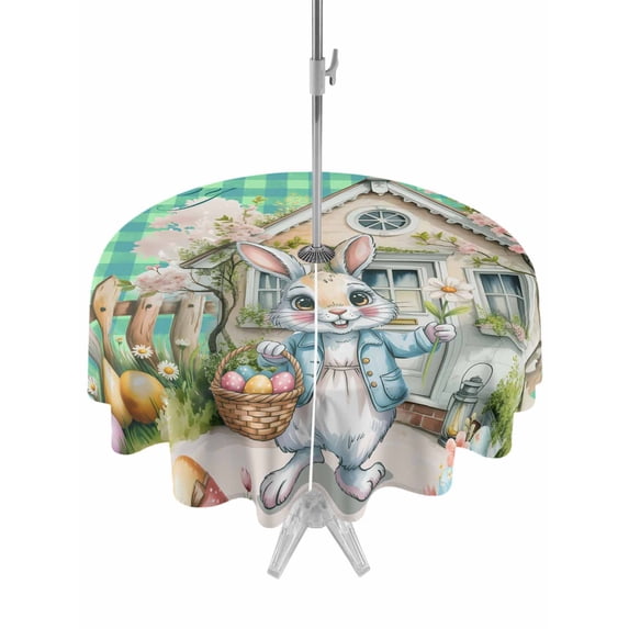 Easter Bunny Eggs Outdoor Tablecloth - 60 Inch Round Dining Table Cover, Spring Pink Flowers Country Cabin Green Plaid Waterproof Outdoor Table Cloth with Umbrella Hole & Zipper for Picnic/Patio
