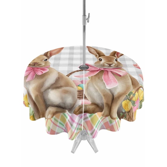 Easter Bunny Eggs Outdoor Tablecloth - 60 Inch Round Dining Table Cover, Spring Tulips Rustic Rabbits Grey Plaid Waterproof Outdoor Table Cloth with Umbrella Hole & Zipper for Picnic/Patio/Party