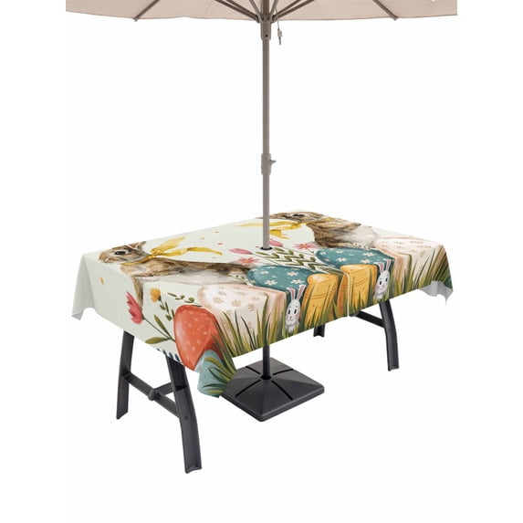 Easter Bunny Eggs Outdoor Tablecloth - 60x102 Inch Rectangle Dining Table Cover, Spring Tulip Daisy Flowers Leaves Pastoral Waterproof Outdoor Table Cloth with Umbrella Hole & Zipper for Picnic/Patio
