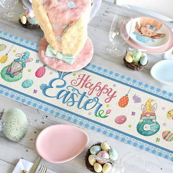 Easter Bunny Eggs Printed Linen Table Flag Easter Holiday Party Atmosphere Table Cloth New Years Eve Tabletop Decor, 70.8x13 Inch