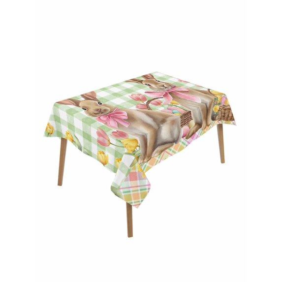 Easter Bunny Eggs Rectangle Tablecloth, Spring Tulips Country Rabbits Green Checkered Waterproof & StainResistant Tablecloth, Washable Oil-proof Table Cover for Dining/Party/Wedding/Buffet 60x84 In
