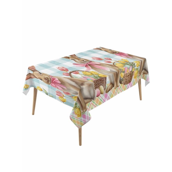 Easter Bunny Eggs Rectangle Tablecloth, Spring Tulips Farm House Rabbits Blue Plaid Waterproof & StainResistant Tablecloth, Washable Oil-proof Table Cover for Dining/Party/Wedding/Buffet 60x120 In