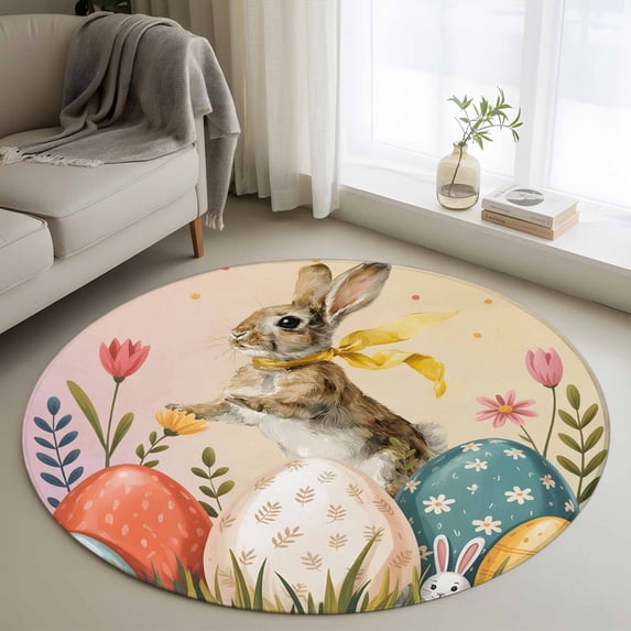 Easter Bunny Eggs Round Area Rug 3.3Ft Washable Circle Rugs for Dining Room Table, Spring Tulip Flowers Leaves Country Plants Non-Slip Carpet Floor Mats Indoor Outdoor Carpet Runner Home Decor