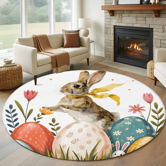 Easter Bunny Eggs Round Area Rug 5Ft Washable Circle Rugs for Living Room Bedroom, Spring Tulip Daisy Flowers Leaves Country Non-Slip Carpet Floor Mats Indoor Outdoor Carpet Runner Home Decor