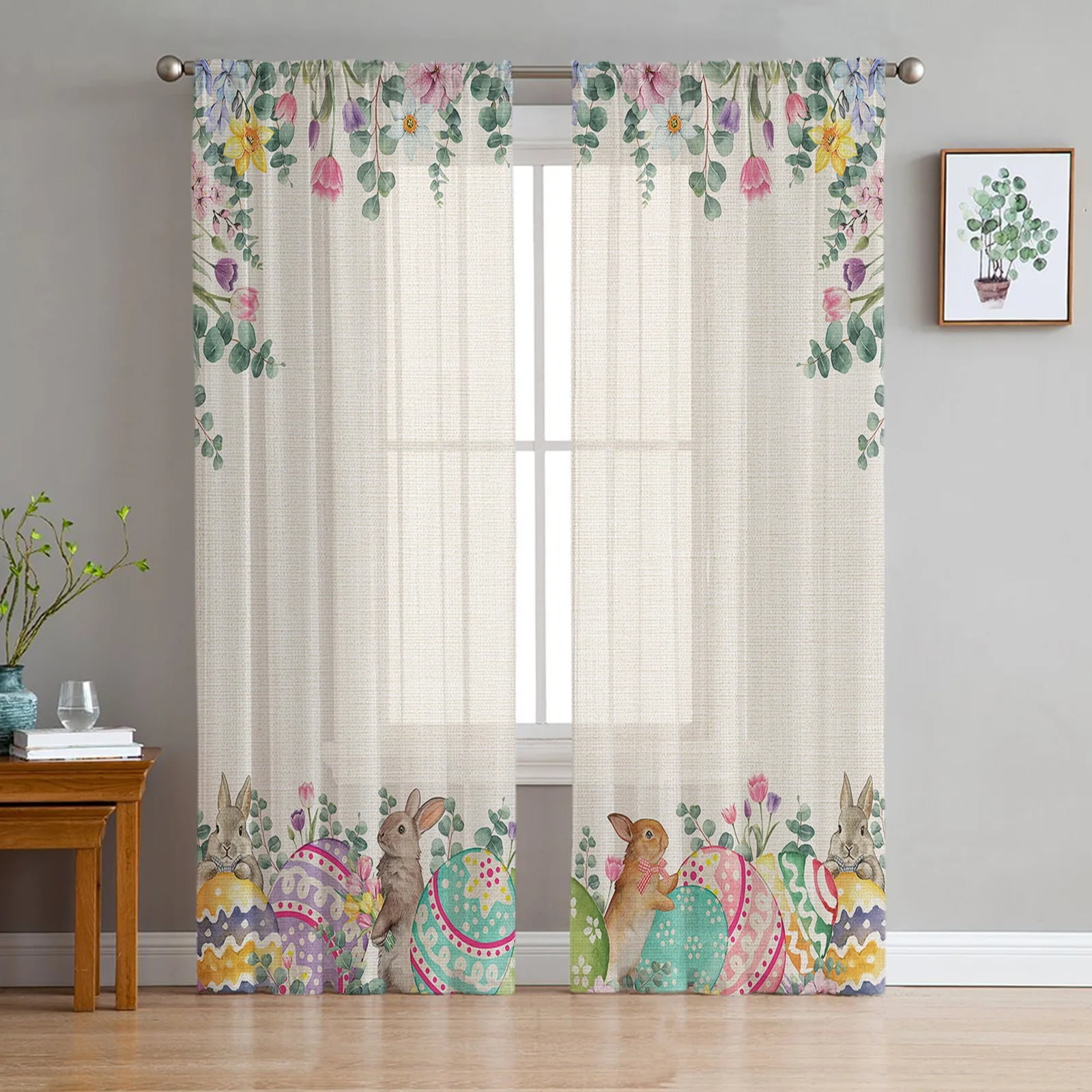 Easter Bunny Eggs Spring Flowers Tulle Curtains for Living Room Bedroom ...