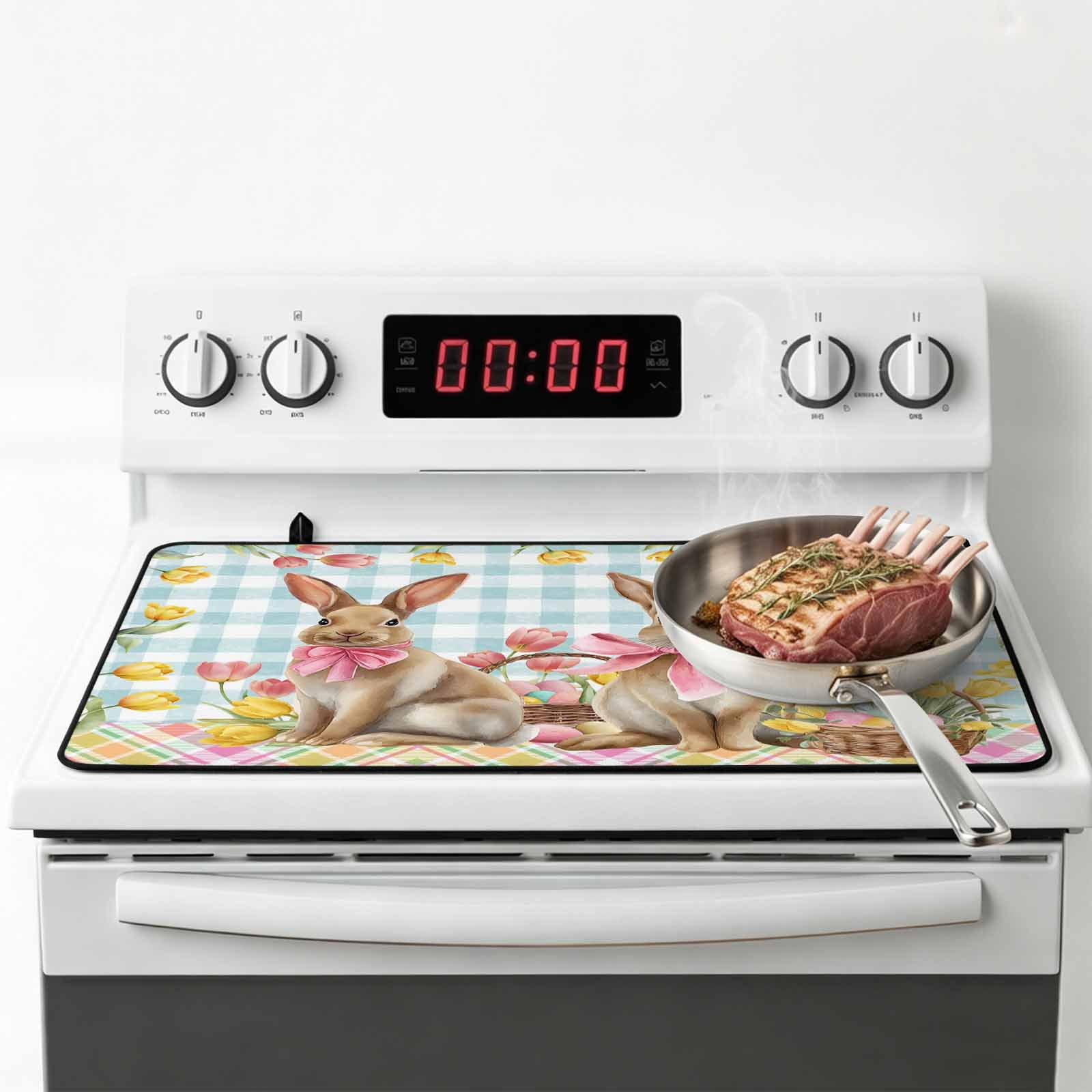Easter Bunny Eggs Stove Top Cover for Electric Stove, Heat-proof & Non Slip Glass Top Stove Cover Protector, Spring Tulips Farm House Rabbits Blue Plaid Kitchen Flat Cooktop Rubber Mat 24x21 Inches