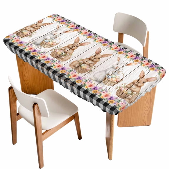 Easter Bunny Eggs Table Cloths for 3 Foot Rectangle Tables, Spring Flowers Rabbits Farmhouse Buffalo Plaid Patio Waterproof Elastic Fitted Tablecloths, Washable Rectangular Table Cover for Camping