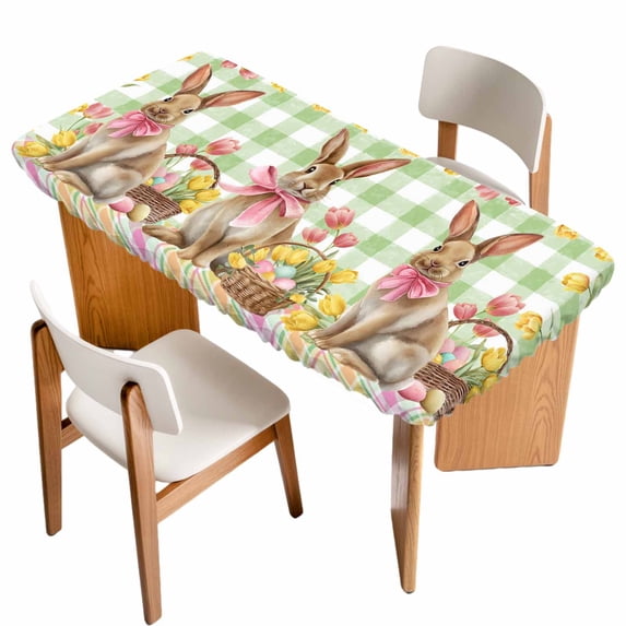 Easter Bunny Eggs Table Cloths for 3 Foot Rectangle Tables, Spring Tulips Country Rabbits Green Checkered Patio Waterproof Elastic Fitted Tablecloths, Washable Rectangular Table Cover for Camping