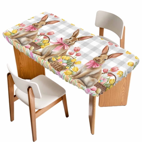 Easter Bunny Eggs Table Cloths for 3 Foot Rectangle Tables, Spring Tulips Rustic Rabbits Grey Plaid Patio Waterproof Elastic Fitted Tablecloths, Washable Rectangular Table Cover for Camping