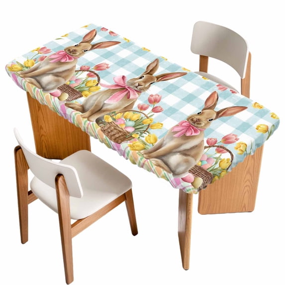 Easter Bunny Eggs Table Cloths for 4 Foot Rectangle Tables, Spring Tulips Farm House Rabbits Blue Plaid Patio Waterproof Elastic Fitted Tablecloths, Washable Rectangular Table Cover for Camping