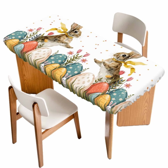 Easter Bunny Eggs Table Cloths for 6 Foot Rectangle Tables, Spring Tulip Daisy Flowers Leaves Country Patio Waterproof Elastic Fitted Tablecloths, Washable Rectangular Table Cover for Camping
