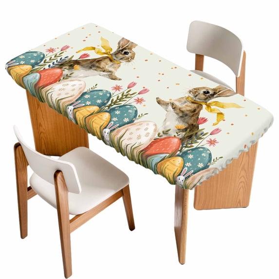 Easter Bunny Eggs Table Cloths for 6 Foot Rectangle Tables, Spring Tulip Daisy Flowers Leaves Pastoral Patio Waterproof Elastic Fitted Tablecloths, Washable Rectangular Table Cover for Camping