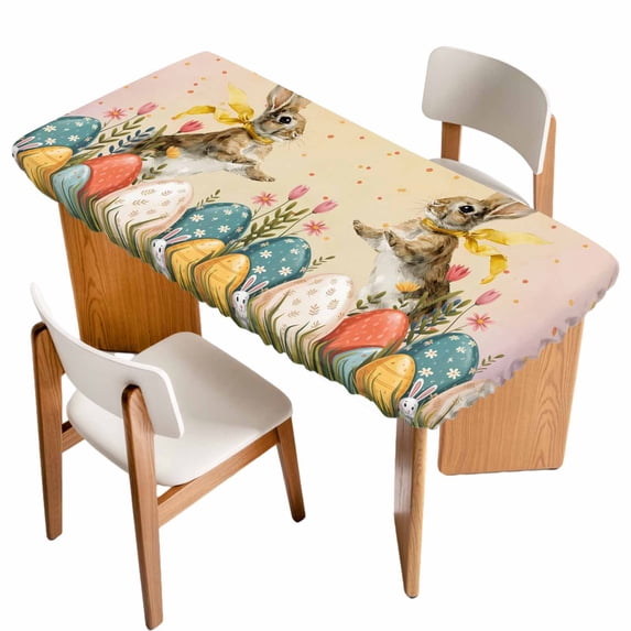 Easter Bunny Eggs Table Cloths for 6 Foot Rectangle Tables, Spring Tulip Flowers Leaves Country Plants Patio Waterproof Elastic Fitted Tablecloths, Washable Rectangular Table Cover for Camping