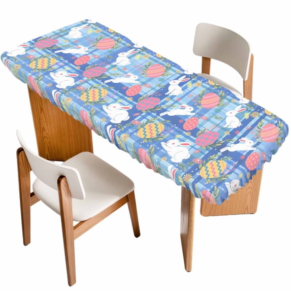 Easter Bunny Eggs Table Cloths for 8 Foot Rectangle Tables, Spring Leaves Daisy Flowers Blue Plaid Patio Waterproof Elastic Fitted Tablecloths, Washable Rectangular Table Cover for Camping