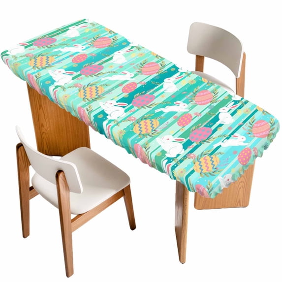 Easter Bunny Eggs Table Cloths for 8 Foot Rectangle Tables, Spring Leaves Daisy Flowers Green Stripes Patio Waterproof Elastic Fitted Tablecloths, Washable Rectangular Table Cover for Camping