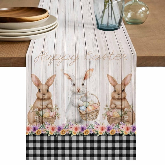 Easter Bunny Eggs Table Runner, Spring Flowers Rabbits Farmhouse Buffalo Plaid Cotton Linen Table Runners 36 Inches Long, Dresser Scarf Runner for Nightstand/End Tables/Round Tables 13''x36''