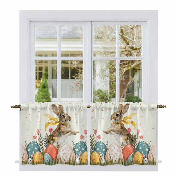 Easter Bunny Eggs Tier Curtains 36 Inch Length, Spring Tulip Daisy Flowers Leaves Pastoral Cafe Short Curtains for Bathroom Sink, Small Kitchen Curtain Light Filtering Drapes 2 Panels 27.5"Wx36"L