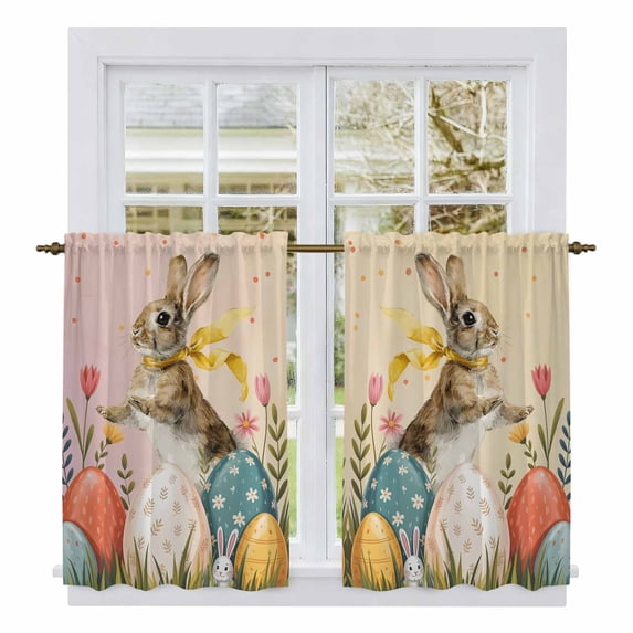 Easter Bunny Eggs Tier Curtains 54 Inch Length, Spring Tulip Flowers Leaves Country Plants Cafe Short Curtains for Bathroom Sink, Small Kitchen Curtain Light Filtering Drapes 2 Panels 27.5"Wx54"L