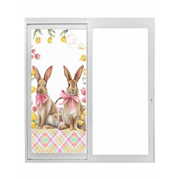 Easter Bunny Eggs Window Privacy Film, Spring Tulips Rustic Rabbits Colorful Plaid Static Cling UV Sun Blocking Tint Film Heat Control Windows Films for Bedroom Bathroom, Window Stickers 35.4"x78.7"