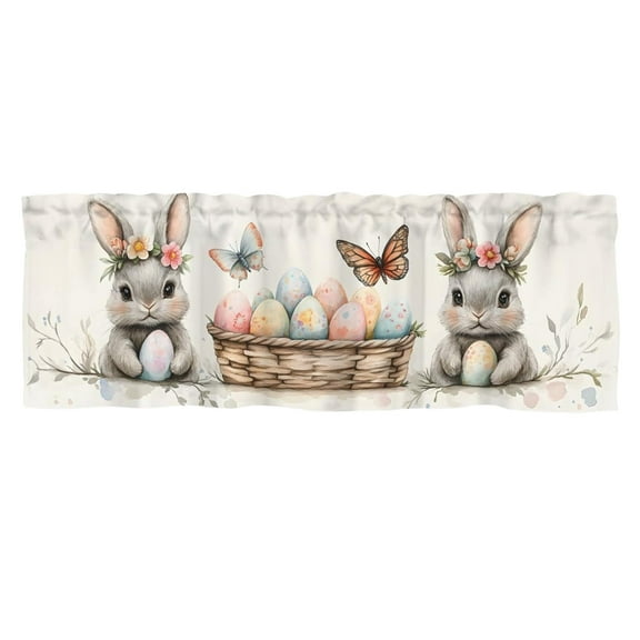 Easter Bunny Eggs Window Valance, 52x18inch Washable Curtain Valance for Kitchen Living Room, Spring Rabbits Themed Home Decor