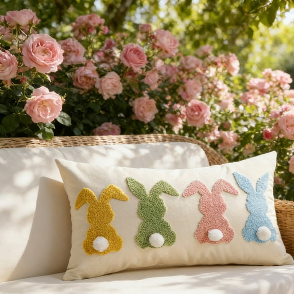 Easter Bunny Embroidered Cushion Cover - 50×30cm Decorative Pillowcase for Couch, Living Room & Spring Home Decoration
