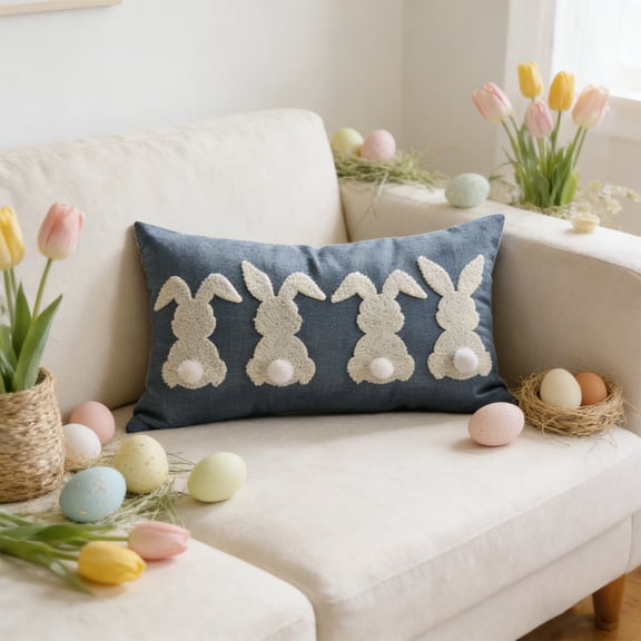 Easter Bunny Embroidered Pillowcase for Home and Holiday Decor, Polyester Decorative Pillow Cover for Sofa Bed Living Room Spring Decoration and Festive Accents