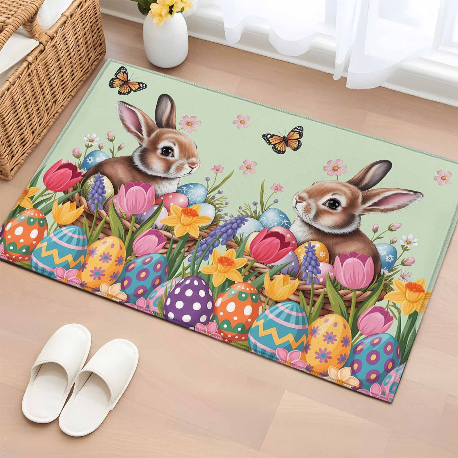 Easter Decor Rug Easter Bunny Entryway Rug 2'x3' Non Slip Front Door Mats, Colorful Eggs ...
