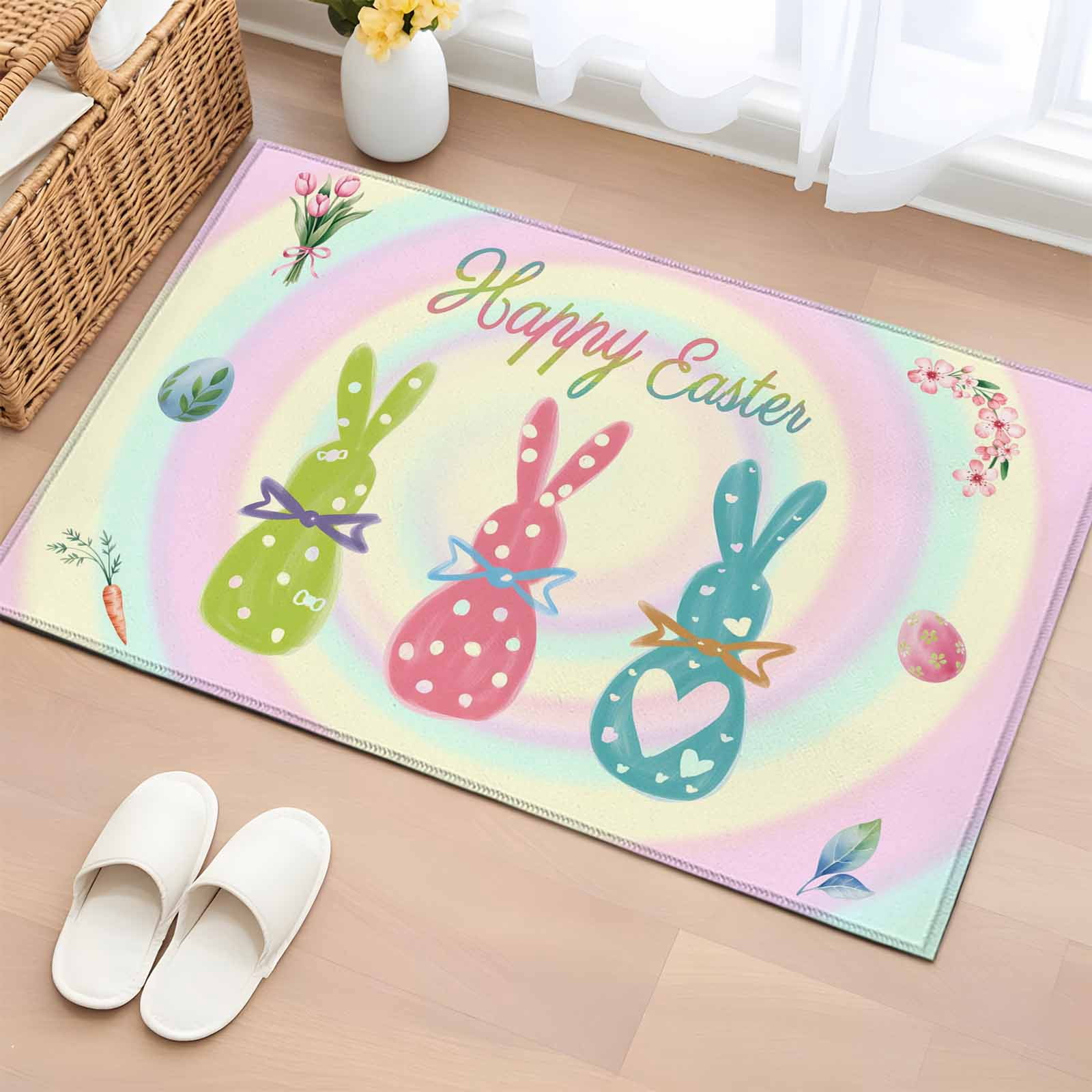 Pink Easter Rug Easter Bunny Entryway Rug 2'x3' Non Slip Front Door Mats, Easter Eggs ...