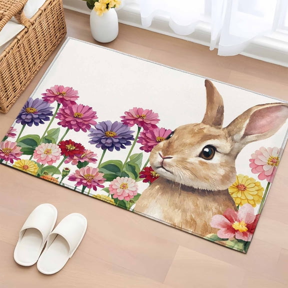 Easter Bunny Entryway Rug 2'x3' Non Slip Front Door Mats, Spring Colorful Daisy Flowers Rabbit Rustic Entrance Rugs Indoor Outdoor Carpet, Washable Floor Mats Small Area Rug for Bedroom Kitchen