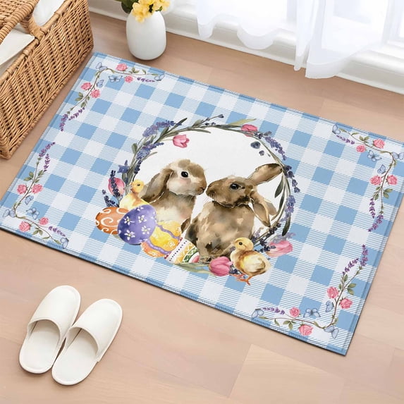 Easter Bunny Entryway Rug 2'x3' Non Slip Front Door Mats, Spring Easter Eggs Chick Floral Blue Check Entrance Rugs Indoor Outdoor Carpet, Washable Floor Mats Small Area Rug for Bedroom Kitchen