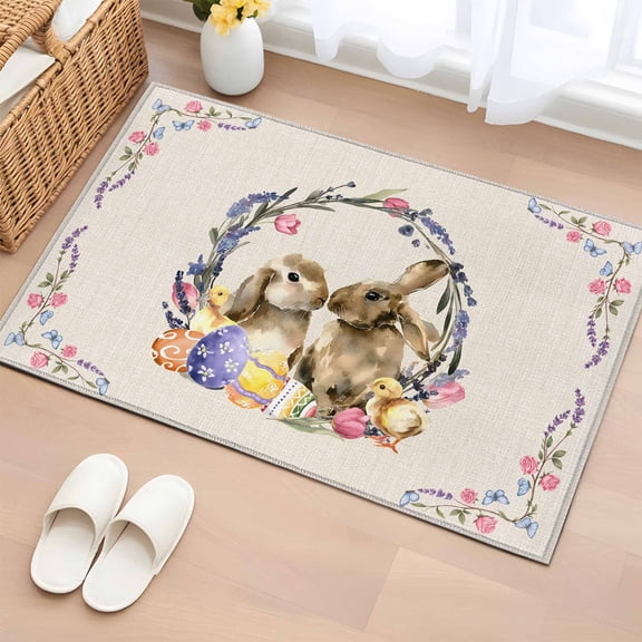 Easter Bunny Entryway Rug 2'x3' Non Slip Front Door Mats, Spring Easter Eggs Chick Floral Burlap Entrance Rugs Indoor Outdoor Carpet, Washable Floor Mats Small Area Rug for Bedroom Kitchen