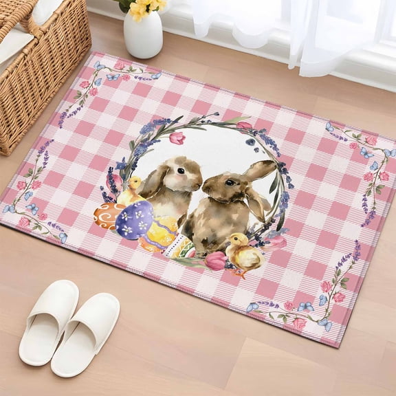 Easter Bunny Entryway Rug 2'x3' Non Slip Front Door Mats, Spring Easter Eggs Chick Floral Pink Check Entrance Rugs Indoor Outdoor Carpet, Washable Floor Mats Small Area Rug for Bedroom Kitchen