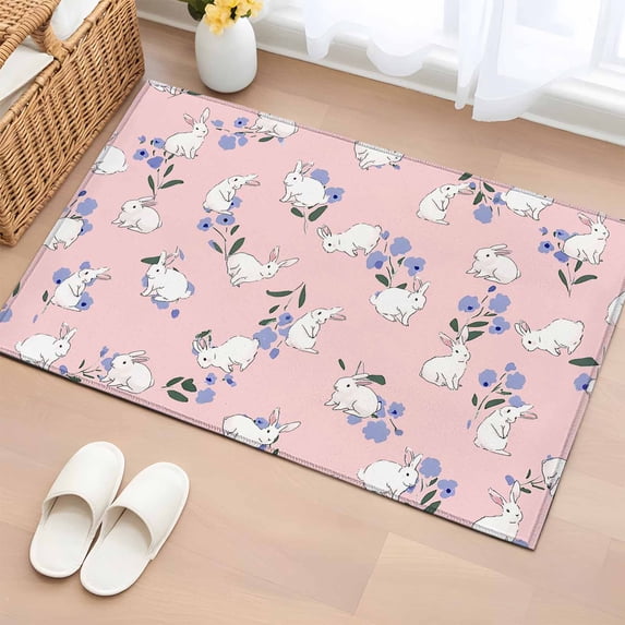 Easter Bunny Entryway Rug 2'x3' Non Slip Front Door Mats, Spring Purple Flower Rustic Rabbit Pink Entrance Rugs Indoor Outdoor Carpet, Washable Floor Mats Small Area Rug for Bedroom Kitchen