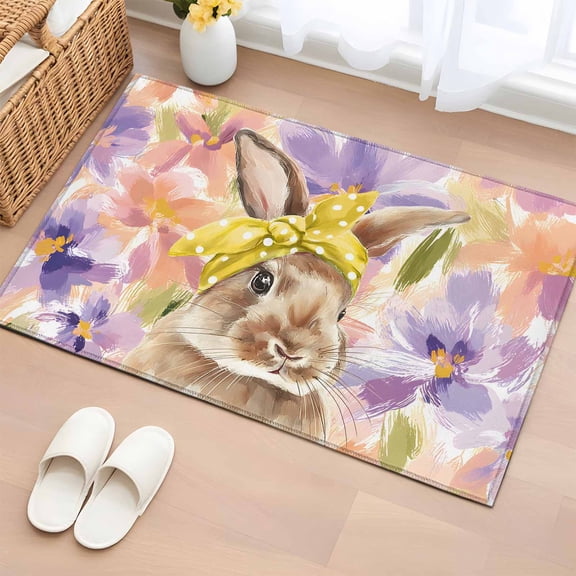 Easter Bunny Entryway Rug 2'x3' Non Slip Front Door Mats, Spring Purple Flowers Scarf Rabbit Pastoral Entrance Rugs Indoor Outdoor Carpet, Washable Floor Mats Small Area Rug for Bedroom Kitchen