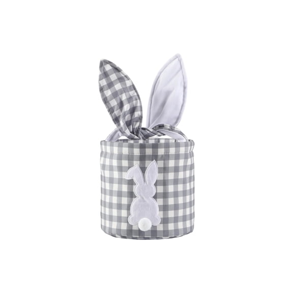 Easter Bunny Fabric Bucket Basket with Rabbit Ears, Gingham Cloth Storage Bin with Bunny Applique, Soft Decorative Easter Basket for Eggs Candy Gifts, Spring Holiday Home Tabletop Organizer