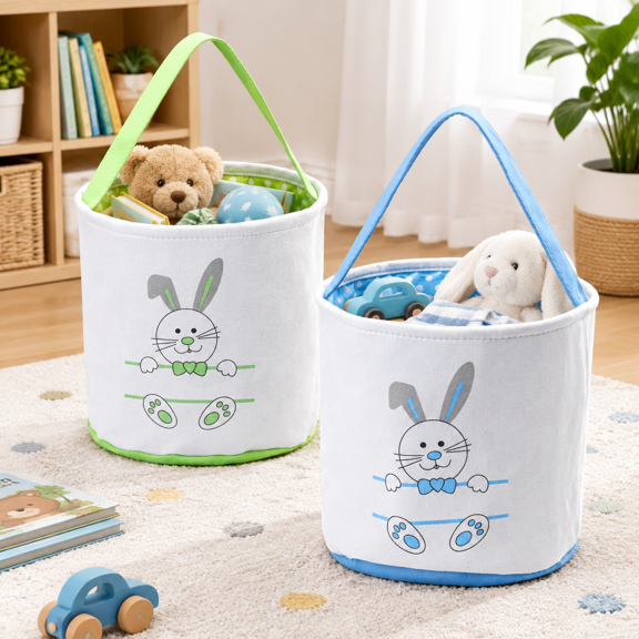 Easter Bunny Face Print Canvas Basket with Handle, Blue and Green