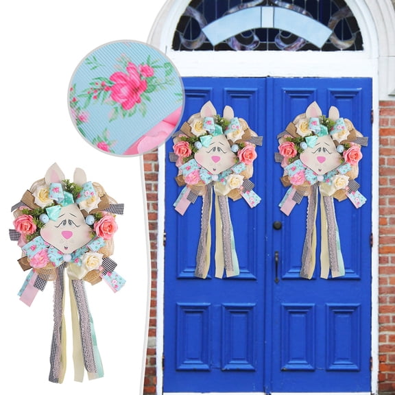 Easter Bunny Face Wreath Decoration Garlands - Rustic Bunny & Flower Spring Door Wreath, Flowers & Greenery Pendants, Farmhouse Holiday Front Door Wall Hanging Ornament for Easter Home Decor