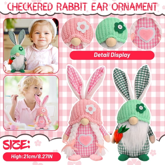 Easter Bunny Faceless Doll Decor with Checkered Rabbit Ears - Cute Spring Desktop Ornament, Holiday Home Tabletop Decorations for Easter Gift (1 Piece)