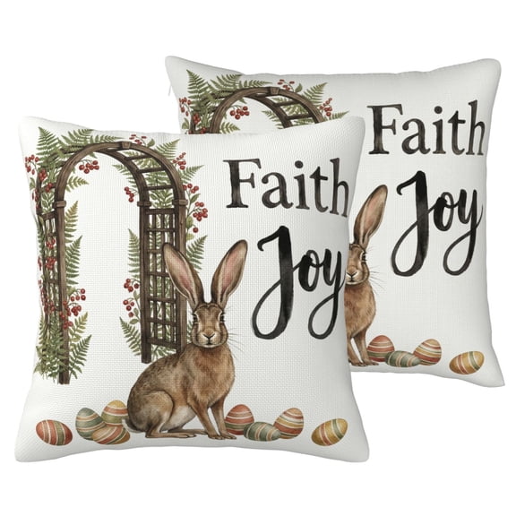 Easter Bunny Faith Joy Pillow Covers Set of 2, Watercolor Spring Garden Decorative Faux Linen Throw Pillow Cases, Double-Sided Print with Invisible Zipper 16x16 No Insert
